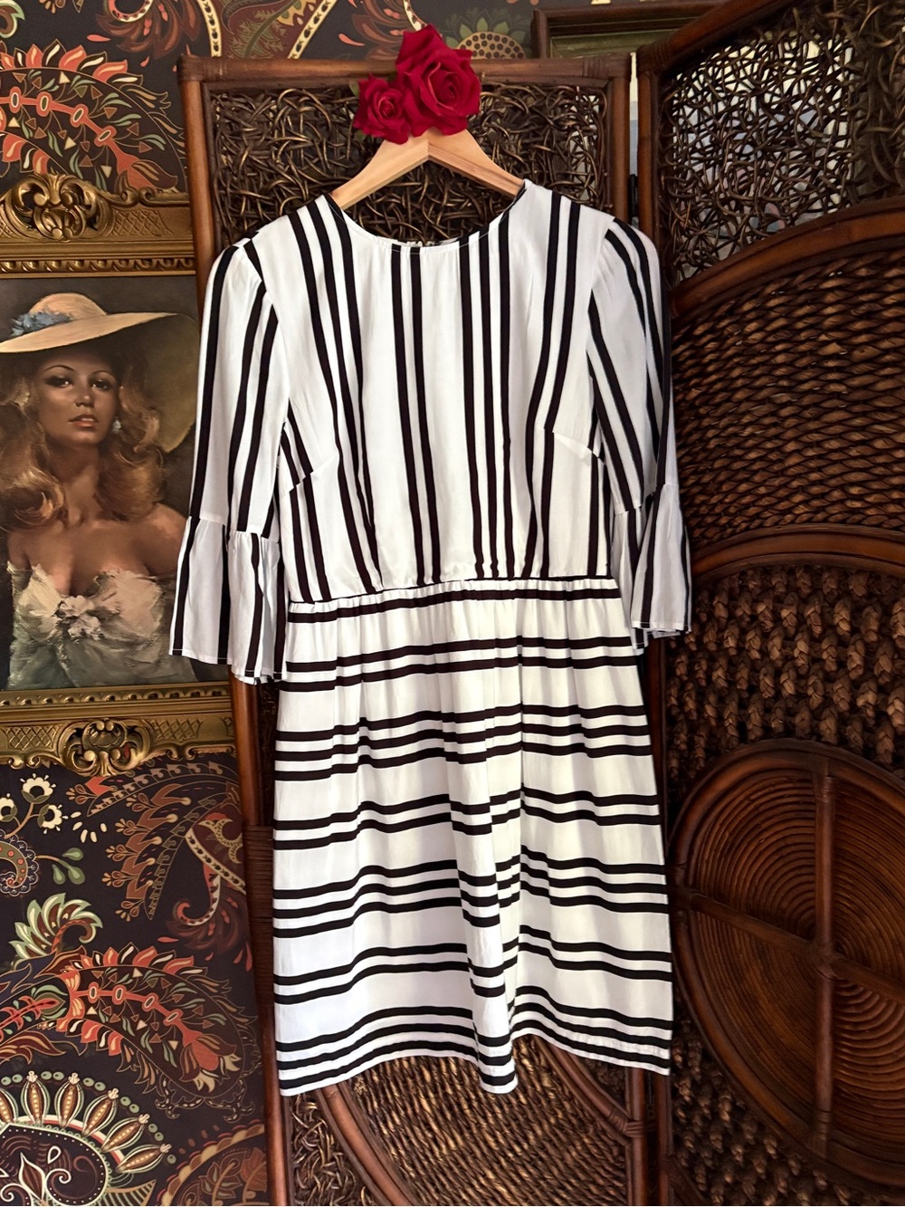 French Connection Black & White Striped Bell Sleeve Dress Size 8 Mod Retro